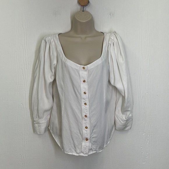 Anthropologie- Maeve White Button Down Puffed Sleeves Blouse Size 8 - Picture 2 of 10